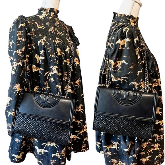 Tory Burch Fleming Leather Convertible Shoulder Bag Crossbody Black Chain Logo - Picture 4 of 14